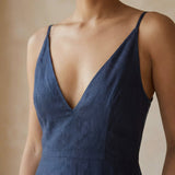 Navy Blue Cotton Flax Deep V-Neck Cami Maxi Dress
