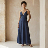 Navy Blue Cotton Flax Deep V-Neck Cami Maxi Dress