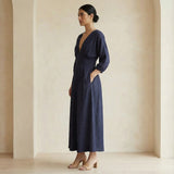 Navy Blue Cotton Flax Deep-V Neck Empire Waist Maxi Dress