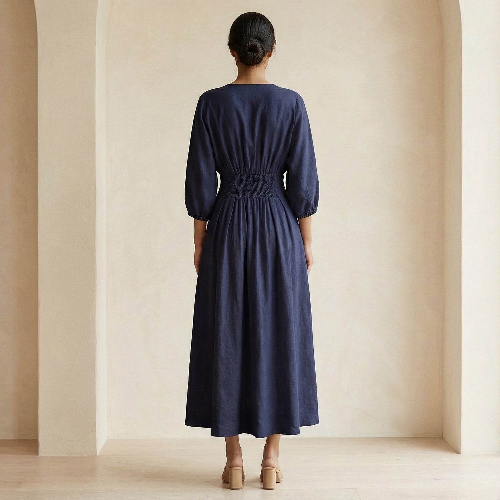 navy blue empire waist dress Navy Blue Cotton Flax Deep-V Neck Empire Waist Maxi Dress 40