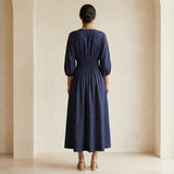 Navy Blue Cotton Flax Deep-V Neck Empire Waist Maxi Dress