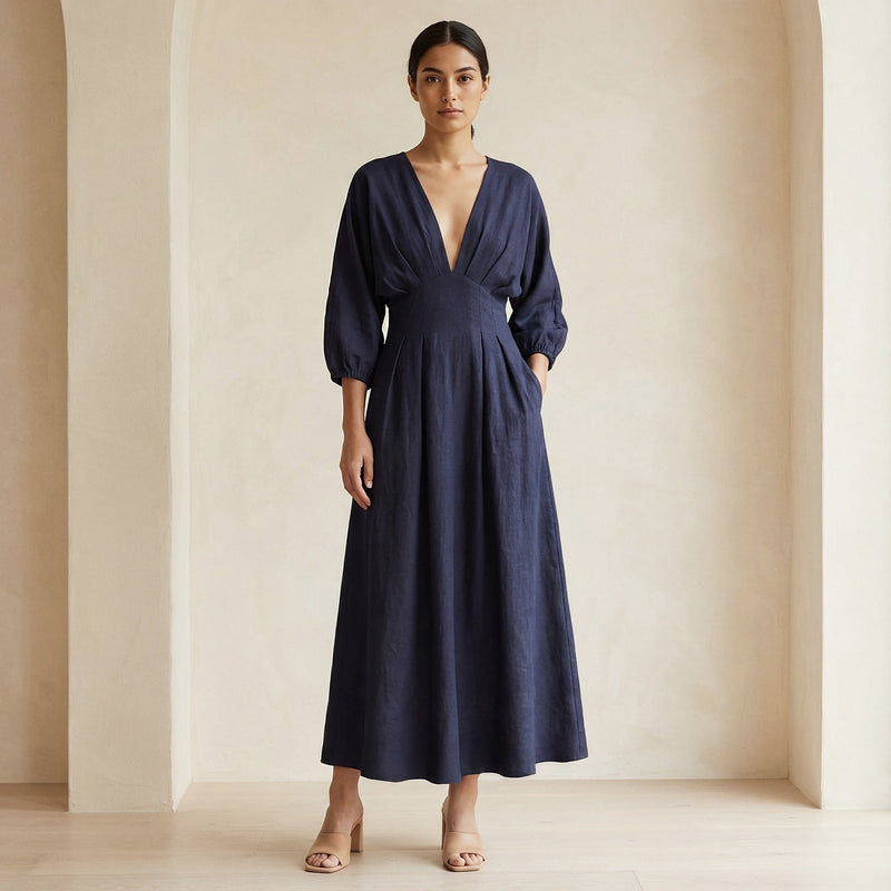 Navy Blue Cotton Flax Deep-V Neck Empire Waist Maxi Dress 40" / Regular (5'2" - 5'6")