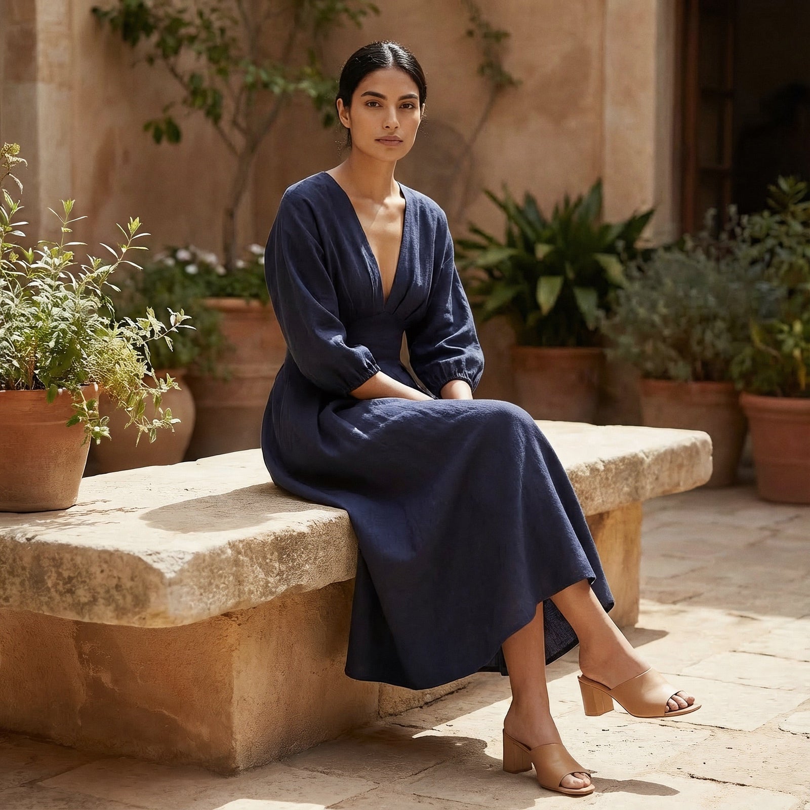 Buy Navy Blue Cotton Flax Deep-V Neck Empire Waist Maxi Dress Online at SeamsFriendly Buy Navy Blue Cotton Flax Deep-V Neck Empire Waist Maxi Dress Online at SeamsFriendly
