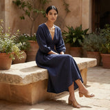 Navy Blue Cotton Flax Deep-V Neck Empire Waist Maxi Dress