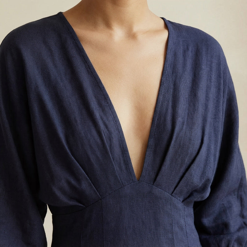 Buy Navy Blue Cotton Flax Deep-V Neck Empire Waist Maxi Dress Online at  SeamsFriendly