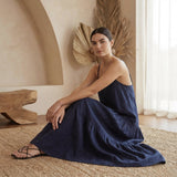 Navy Blue Cotton Flax Drop-Waist Camisole Maxi Tier Dress