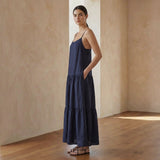 Navy Blue Cotton Flax Drop-Waist Camisole Maxi Tier Dress