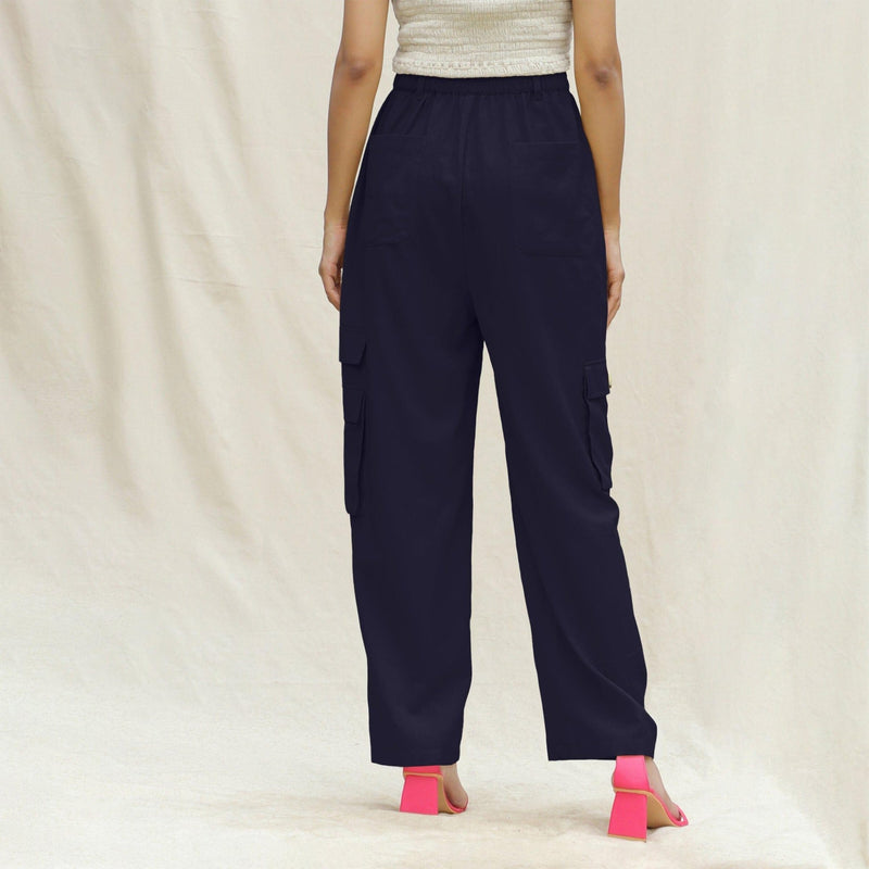 Navy Blue Cotton Flax Elasticated High-Rise Cargo Pant