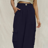 Navy Blue Cotton Flax Elasticated High-Rise Cargo Pant