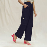 Navy Blue Cotton Flax Elasticated High-Rise Cargo Pant