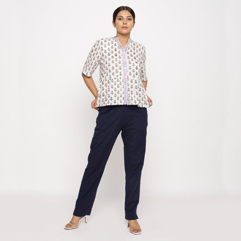 Front View of a Model wearing Cotton Flax Navy Blue Straight Pant