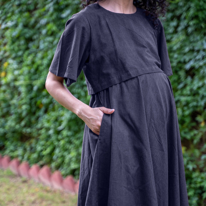 Navy Blue Cotton Flax Fit and Flare Knee Length Pre and Post Maternity Dress 58" / Petite (5'1" and below) Navy Blue Cotton Flax Fit and Flare Knee Length Pre and Post Maternity Dress 58" / Petite (5'1" and below)