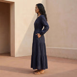 Navy Blue Cotton Flax Fit and Flare Maxi Tier Dress