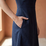 Navy Blue Cotton Flax Fit and Flare Short Dress