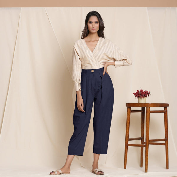 Navy Blue Cotton Flax High-Rise Pegged Chino Pant