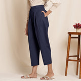 Navy Blue Cotton Flax High-Rise Pegged Chino Pant