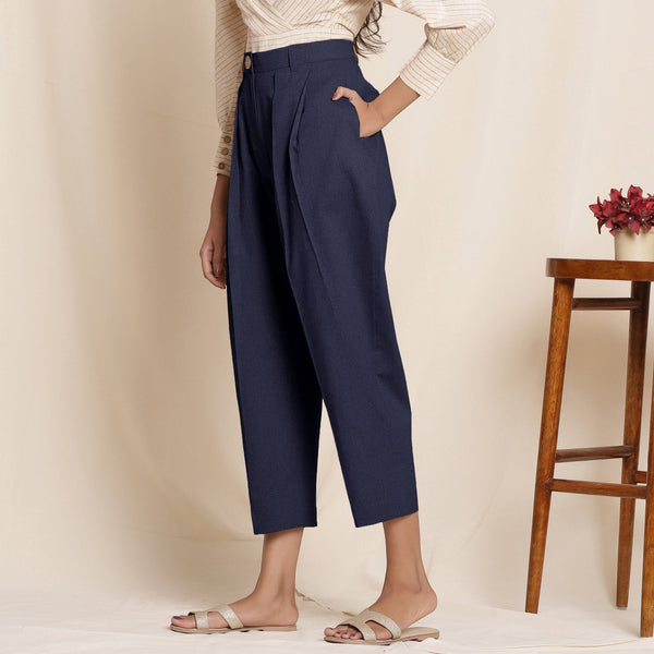 Navy Blue Cotton Flax High-Rise Pegged Chino Pant