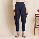 Navy Blue Cotton Flax High-Rise Pegged Chino Pant