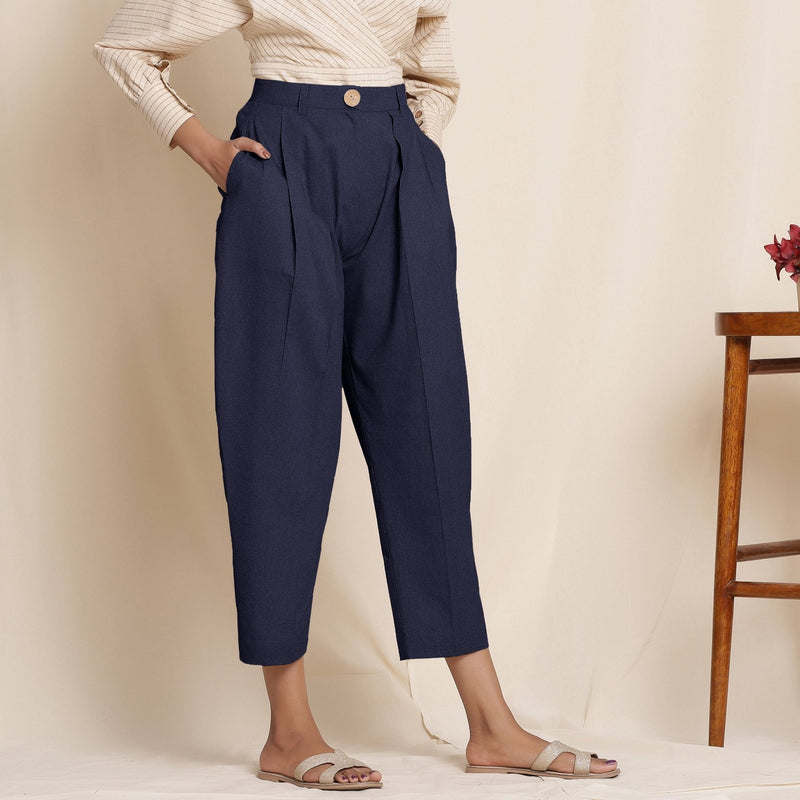 Navy Blue Cotton Flax High-Rise Pegged Chino Pant