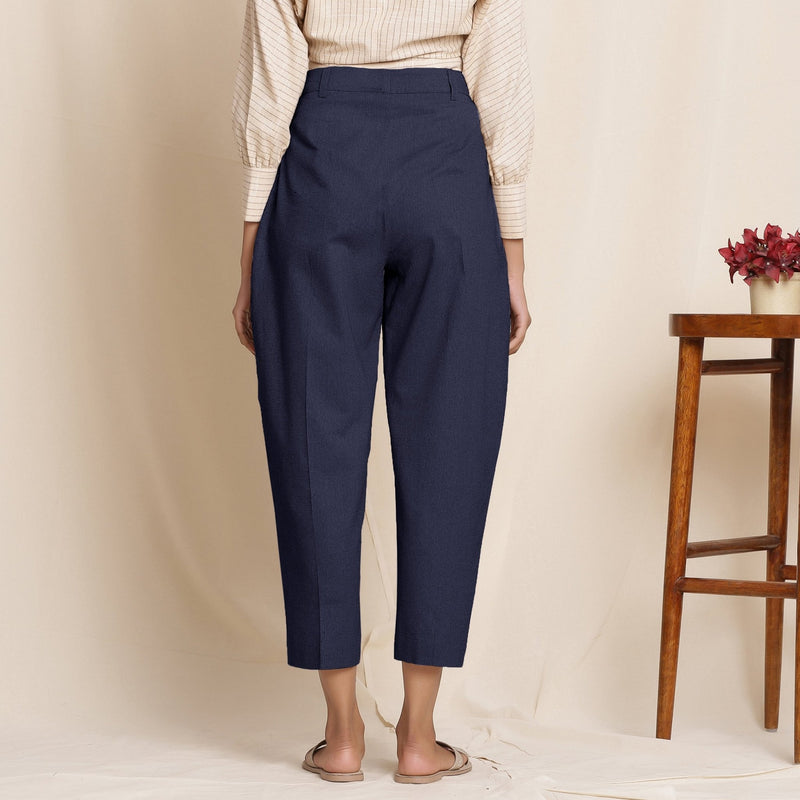 Navy Blue Cotton Flax High-Rise Pegged Chino Pant