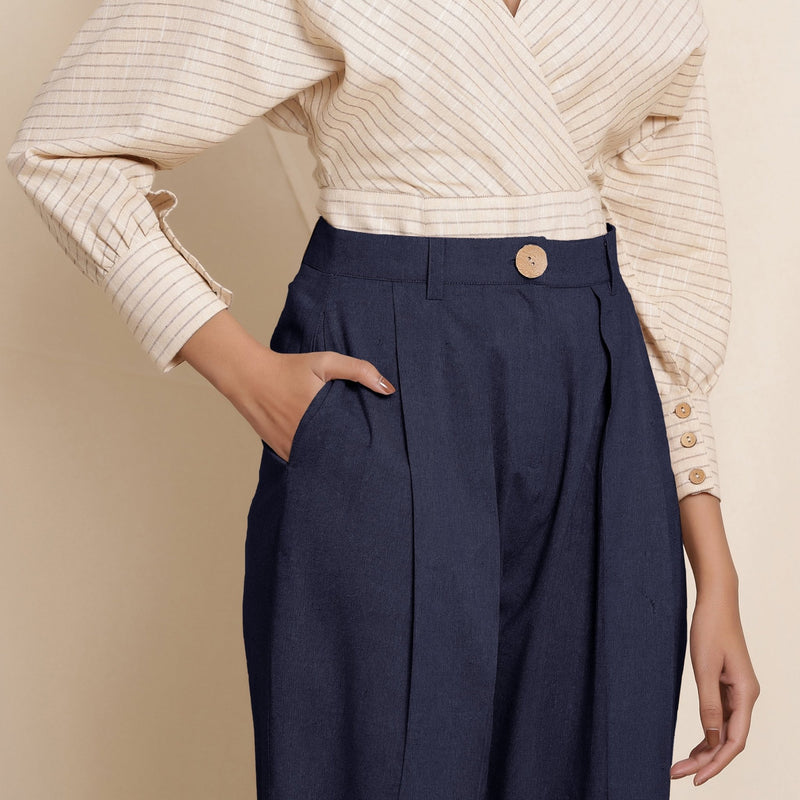 Navy Blue Cotton Flax High-Rise Pegged Chino Pant