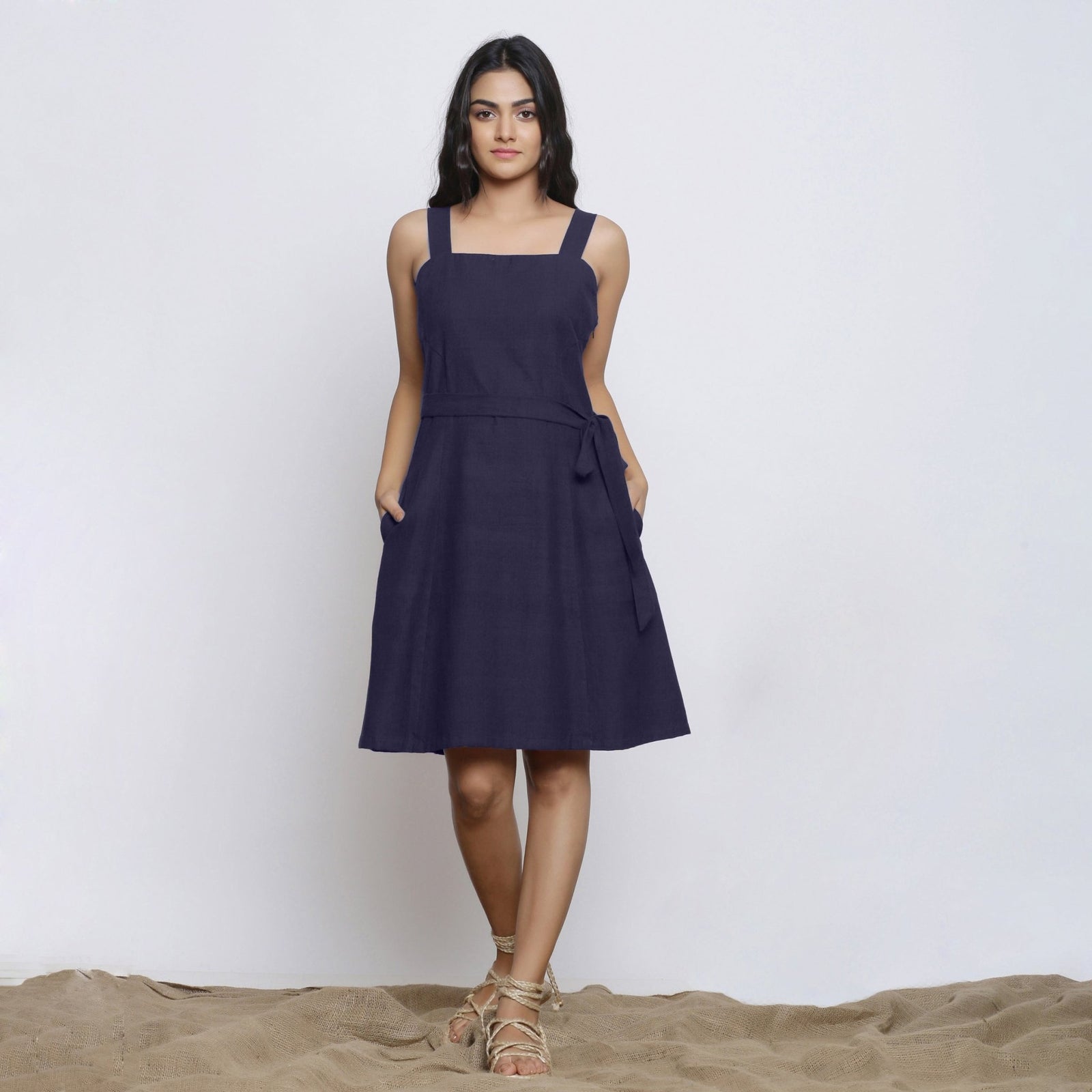 Navy Blue Cotton Flax Knee Length Princess Line Dress 48