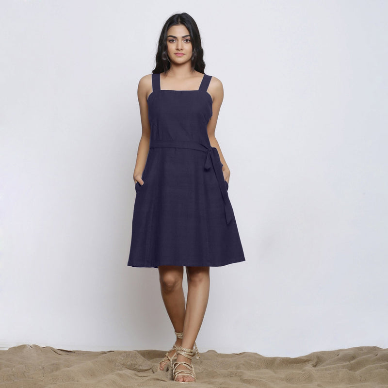 Navy Blue Cotton Flax Knee Length Princess Line Dress 48" / Regular (5'2" - 5'6") Navy Blue Cotton Flax Knee Length Princess Line Dress 48" / Regular (5'2" - 5'6")