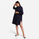 Left View of a Model wearing Navy Blue Cotton Flax Shirt Dress