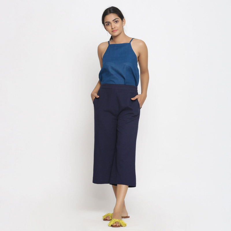 Front View of a Model wearing Solid Navy Blue Cotton Flax Culottes