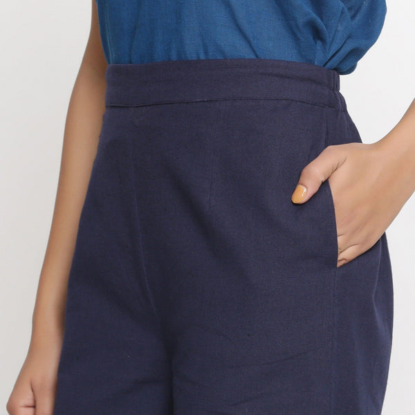 Left Detail of a Model wearing Solid Navy Blue Cotton Flax Culottes