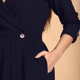 Navy Blue Cotton Flax Notched Collar Midi Pleated Wrap Dress