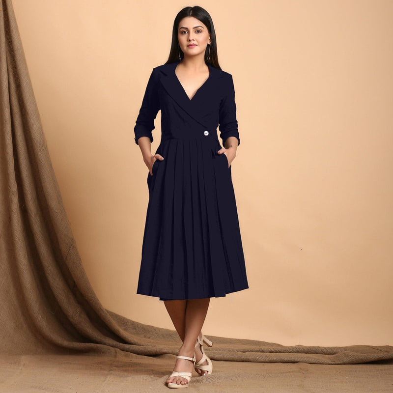 Navy Blue Cotton Flax Notched Collar Midi Pleated Wrap Dress