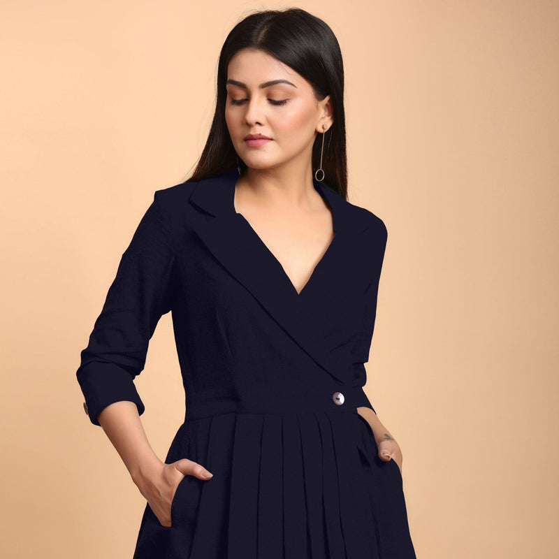 Navy Blue Cotton Flax Notched Collar Midi Pleated Wrap Dress