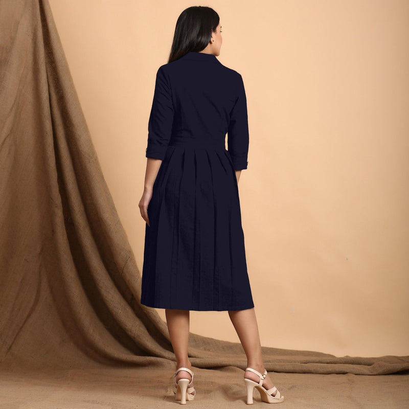 Navy Blue Cotton Flax Notched Collar Midi Pleated Wrap Dress 38" / Petite (5'1" and below) Navy Blue Cotton Flax Notched Collar Midi Pleated Wrap Dress 38" / Petite (5'1" and below)