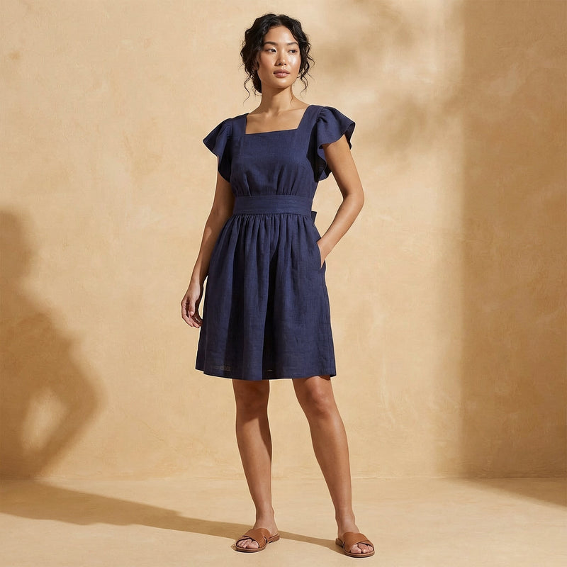 fit and flare dress knee length Navy Blue Cotton Flax Open-Back 40