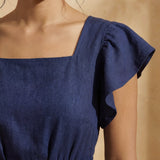 Navy Blue Cotton Flax Open-Back Fit and Flare Knee Length Dress