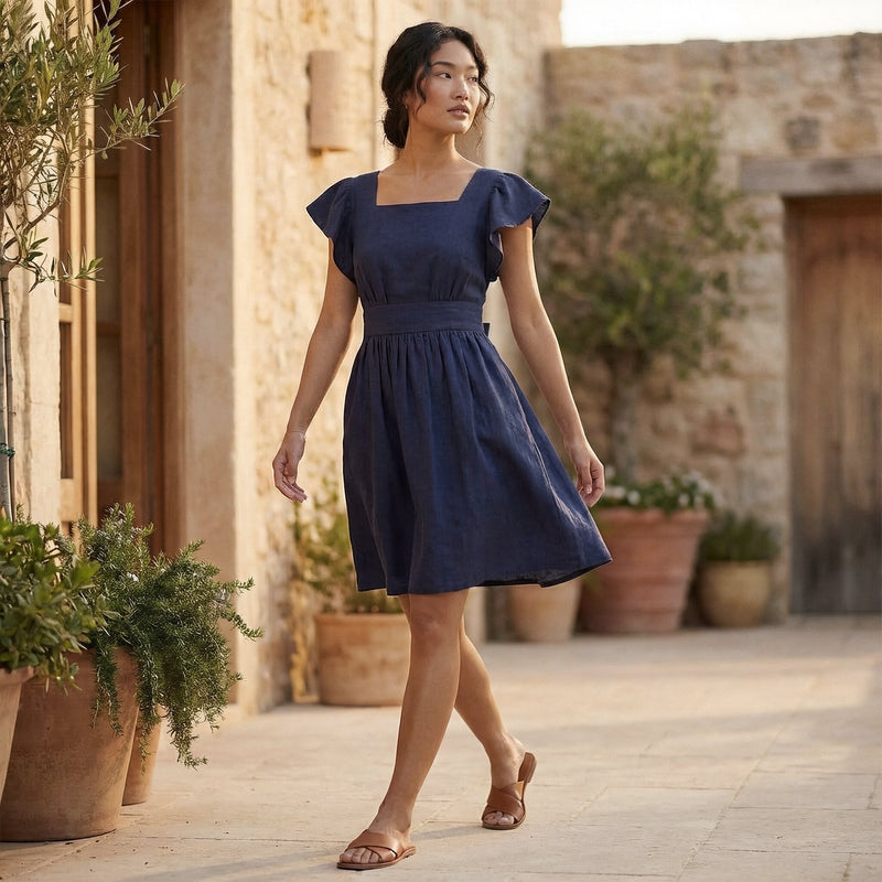 Navy Blue Cotton Flax Open-Back Fit and Flare Knee Length Dress 40