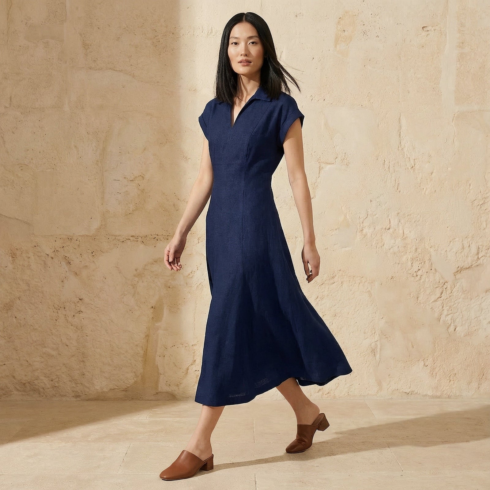 Navy Blue Cotton Flax Paneled A-Line Midi Dress 54" / Petite (5'1" and below) Navy Blue Cotton Flax Paneled A-Line Midi Dress 54" / Petite (5'1" and below)