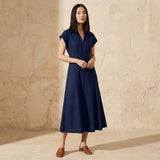 Navy Blue Cotton Flax Paneled A-Line Midi Dress