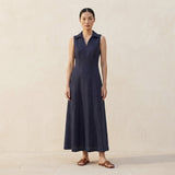 Navy Blue Cotton Flax Paneled Sleeveless Maxi Dress