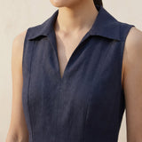 Navy Blue Cotton Flax Paneled Sleeveless Maxi Dress