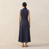 Navy Blue Cotton Flax Paneled Sleeveless Maxi Dress