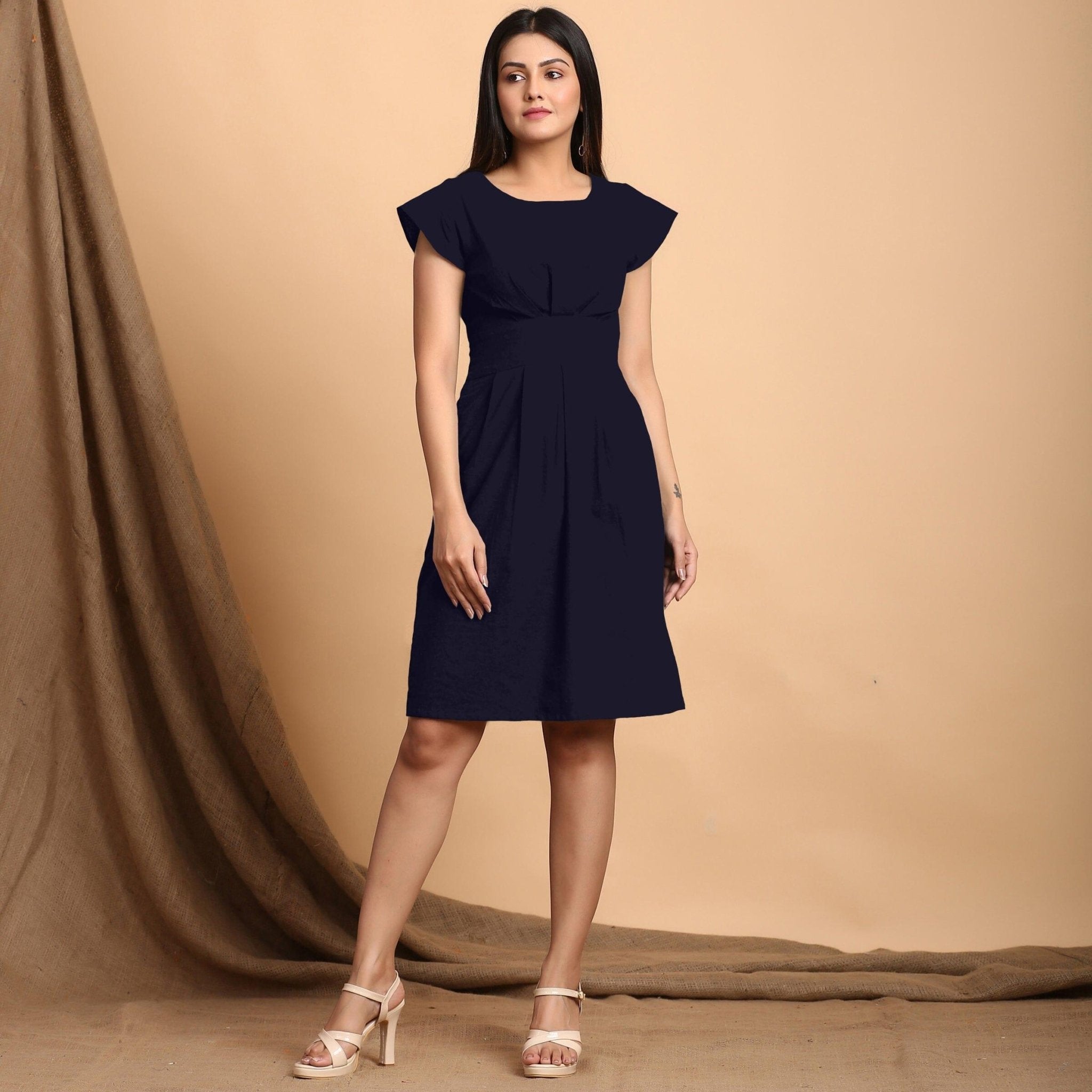 Buy Navy Blue Cotton Flax Pleated Cap Sleeves Short Dress Online at ...