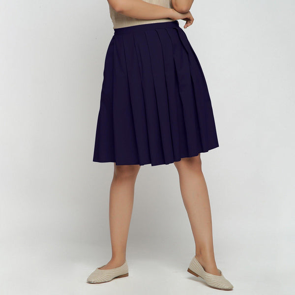 Navy Blue Cotton Flax Pleated Knee Length Skirt