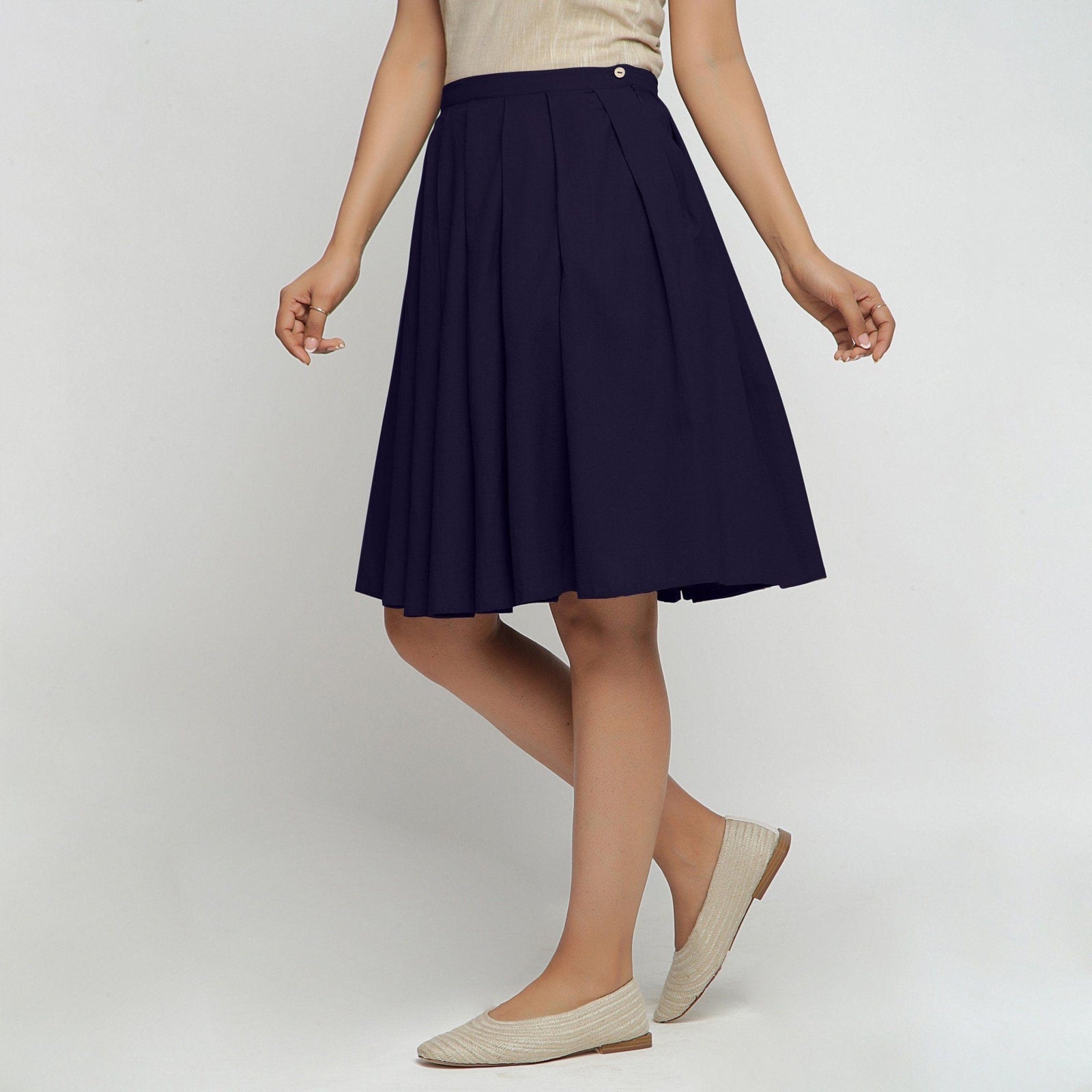 Navy Blue Cotton Flax Pleated Knee Length Skirt 19" / Custom Height (Free) Navy Blue Cotton Flax Pleated Knee Length Skirt 19" / Custom Height (Free)