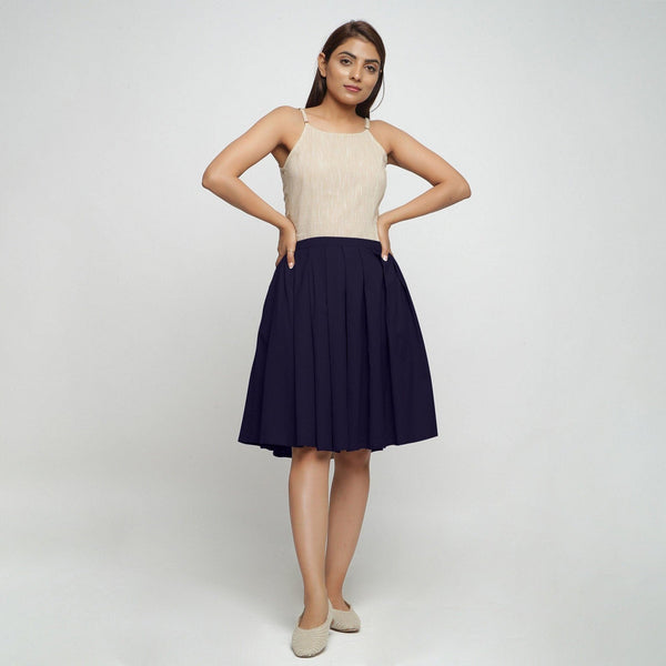 Buy Navy Blue Cotton Flax Pleated Knee Length Skirt Online at SeamsFriendly