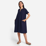 Front View of a Model wearing Navy Blue Cotton Flax Anti-Fit Dress