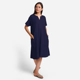 Front View of a Model wearing Navy Blue Cotton Flax Anti-Fit Dress