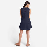 Back View of a Model wearing Navy Blue Patch Pocket Round Neck Dress