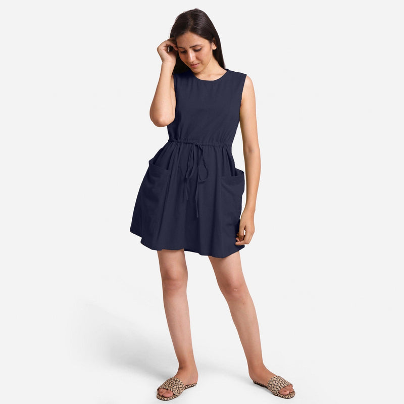 Front View of a Model wearing Navy Blue Patch Pocket Round Neck Dress